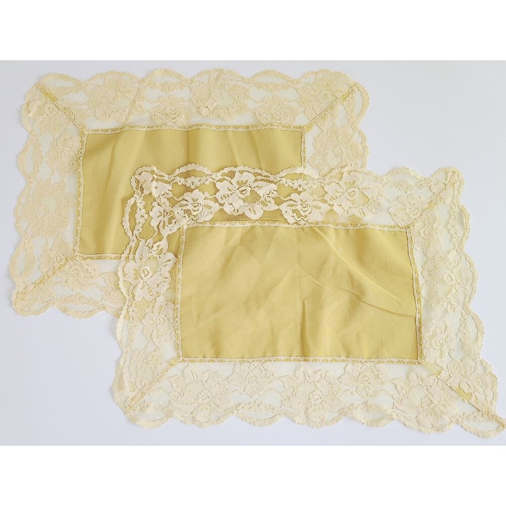 Vintage Lace & Fabric Table Runners Set Of 2 Yellow Floral Rectangular 16"x12"